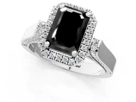 White gold Fancy Black Emerald Cut Halo Round Diamond Twist Band with Four-Prong Setting_1
