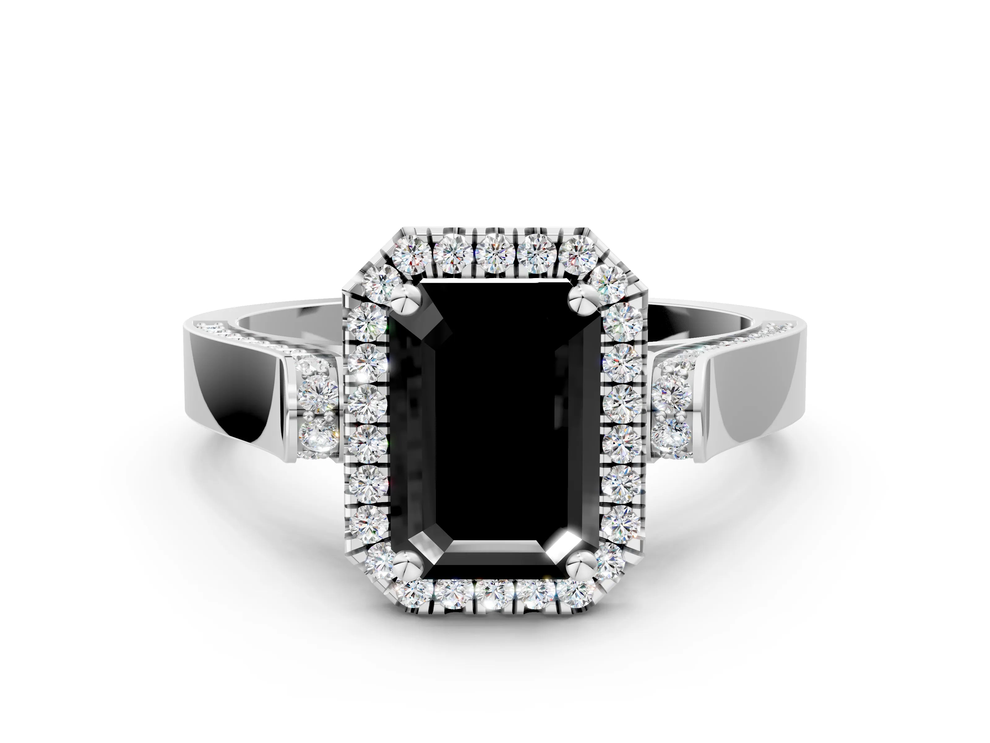 White gold Fancy Black Emerald Cut Halo Round Diamond Twist Band with Four-Prong Setting_24