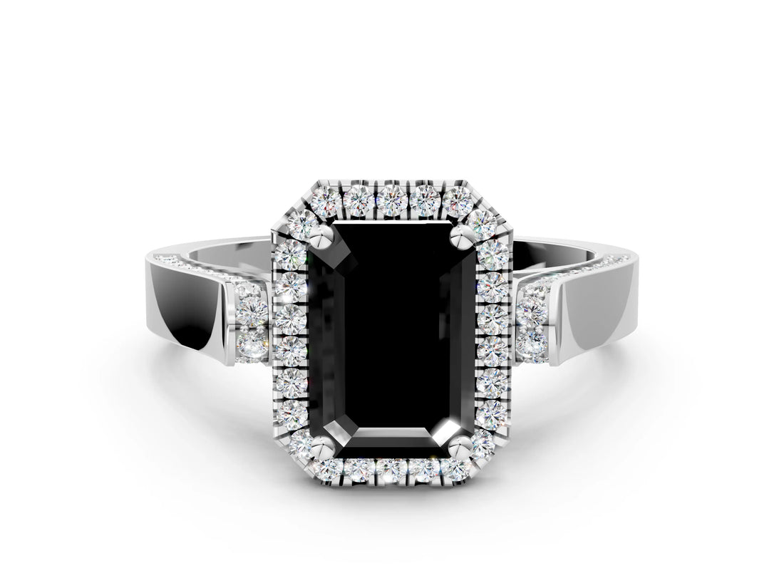 White gold Fancy Black Emerald Cut Halo Round Diamond Twist Band with Four-Prong Setting_24
