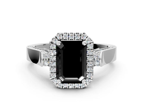 White gold Fancy Black Emerald Cut Halo Round Diamond Twist Band with Four-Prong Setting_24
