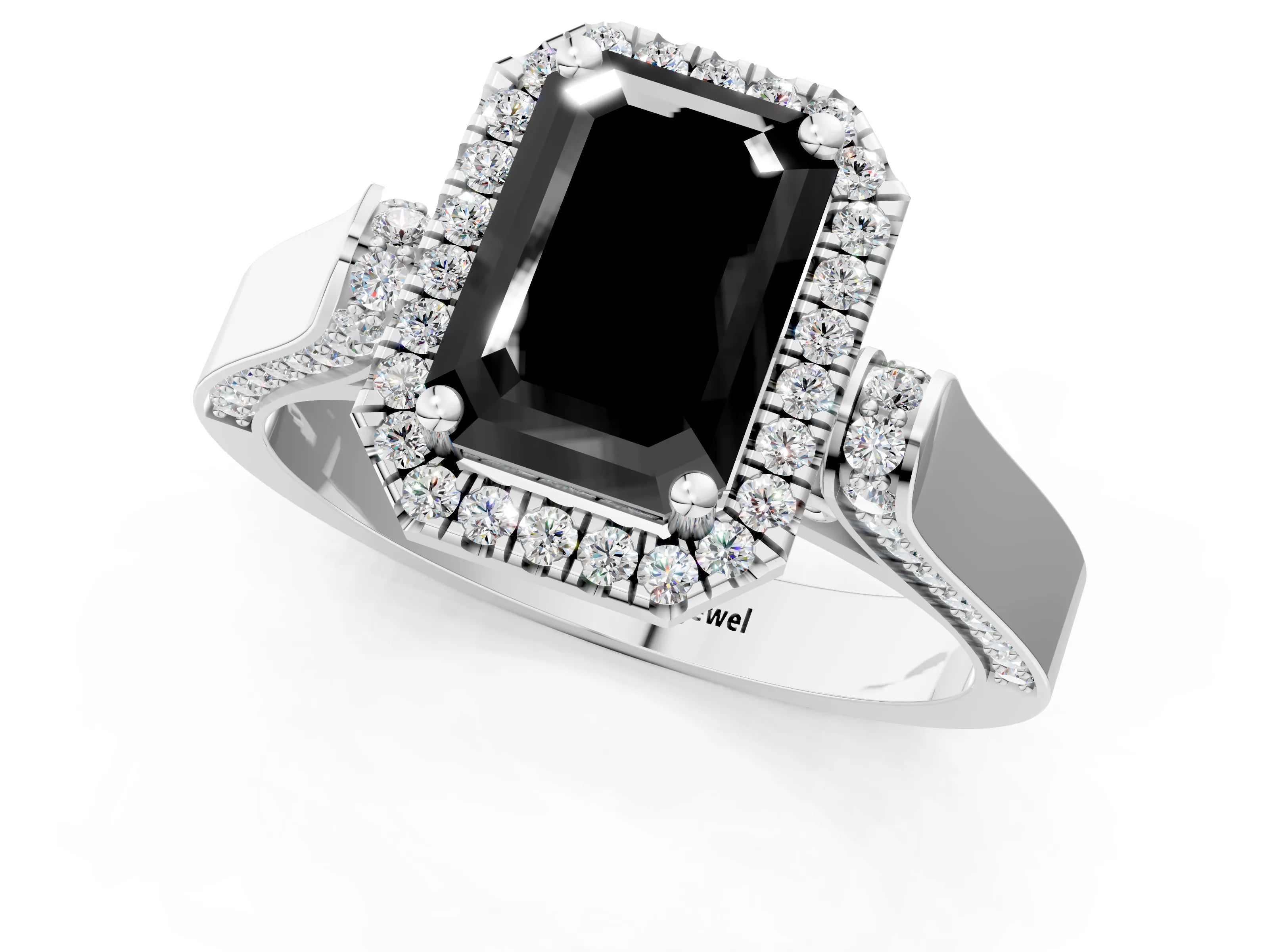 White gold Fancy Black Emerald Cut Halo Round Diamond Twist Band with Four-Prong Setting_25