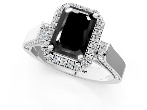 White gold Fancy Black Emerald Cut Halo Round Diamond Twist Band with Four-Prong Setting_25