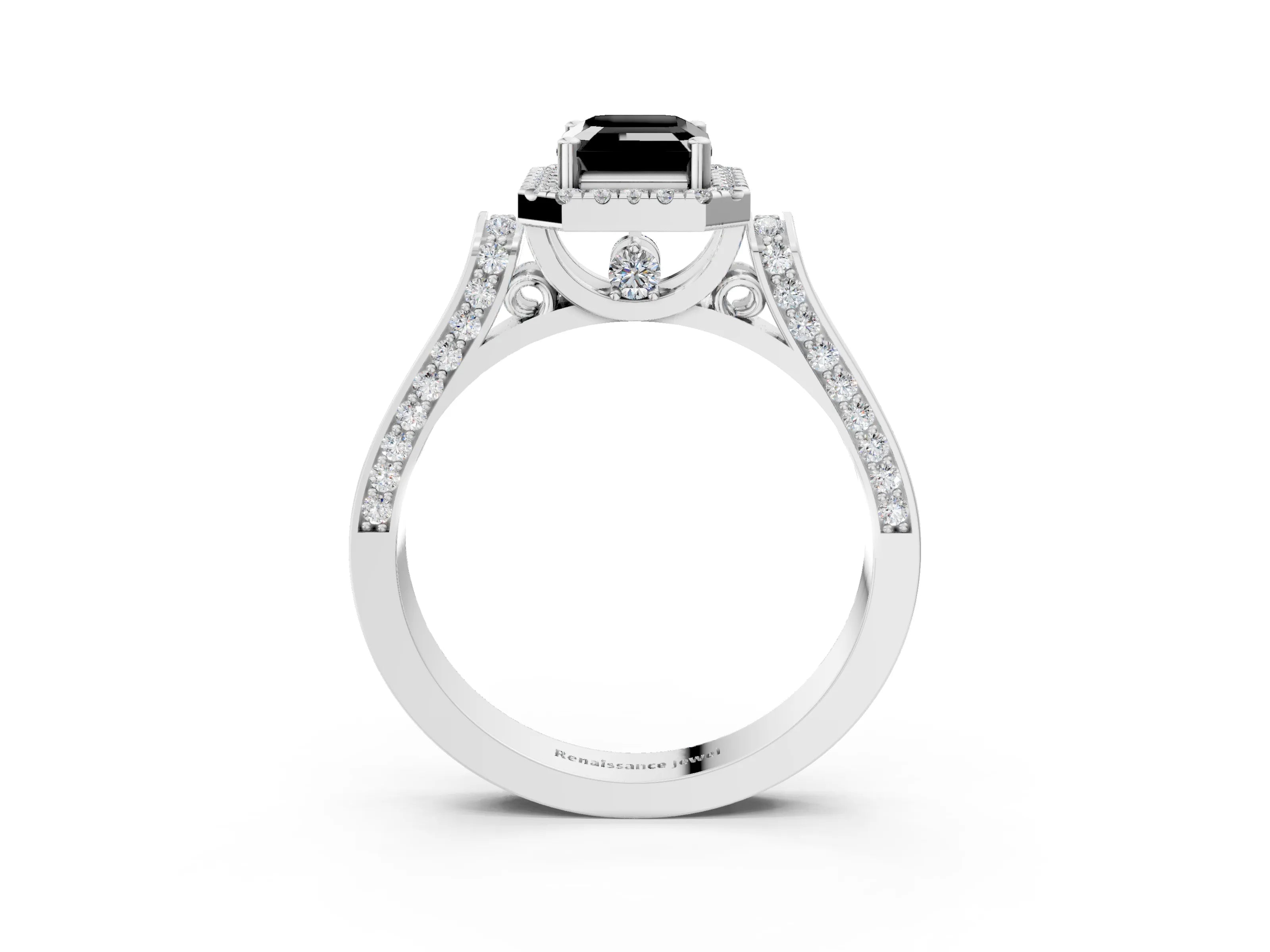 White gold Fancy Black Emerald Cut Halo Round Diamond Twist Band with Four-Prong Setting_27