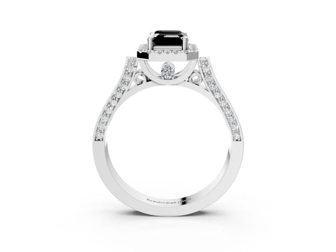 White gold Fancy Black Emerald Cut Halo Round Diamond Twist Band with Four-Prong Setting_27
