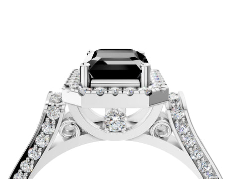 White gold Fancy Black Emerald Cut Halo Round Diamond Twist Band with Four-Prong Setting_28