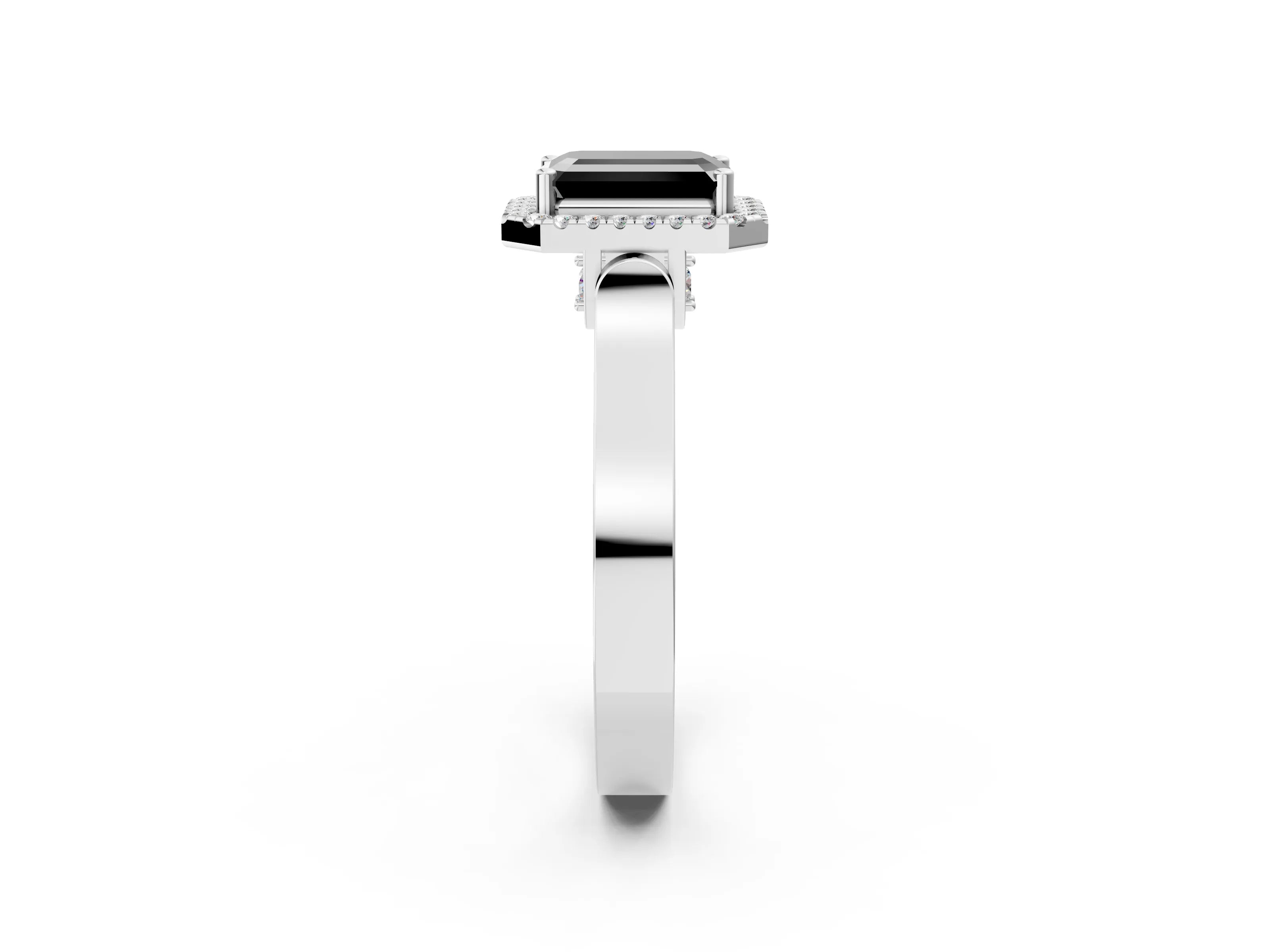 White gold Fancy Black Emerald Cut Halo Round Diamond Twist Band with Four-Prong Setting_2
