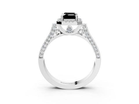 White gold Fancy Black Emerald Cut Halo Round Diamond Twist Band with Four-Prong Setting_3