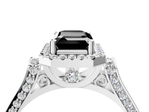 White gold Fancy Black Emerald Cut Halo Round Diamond Twist Band with Four-Prong Setting_4