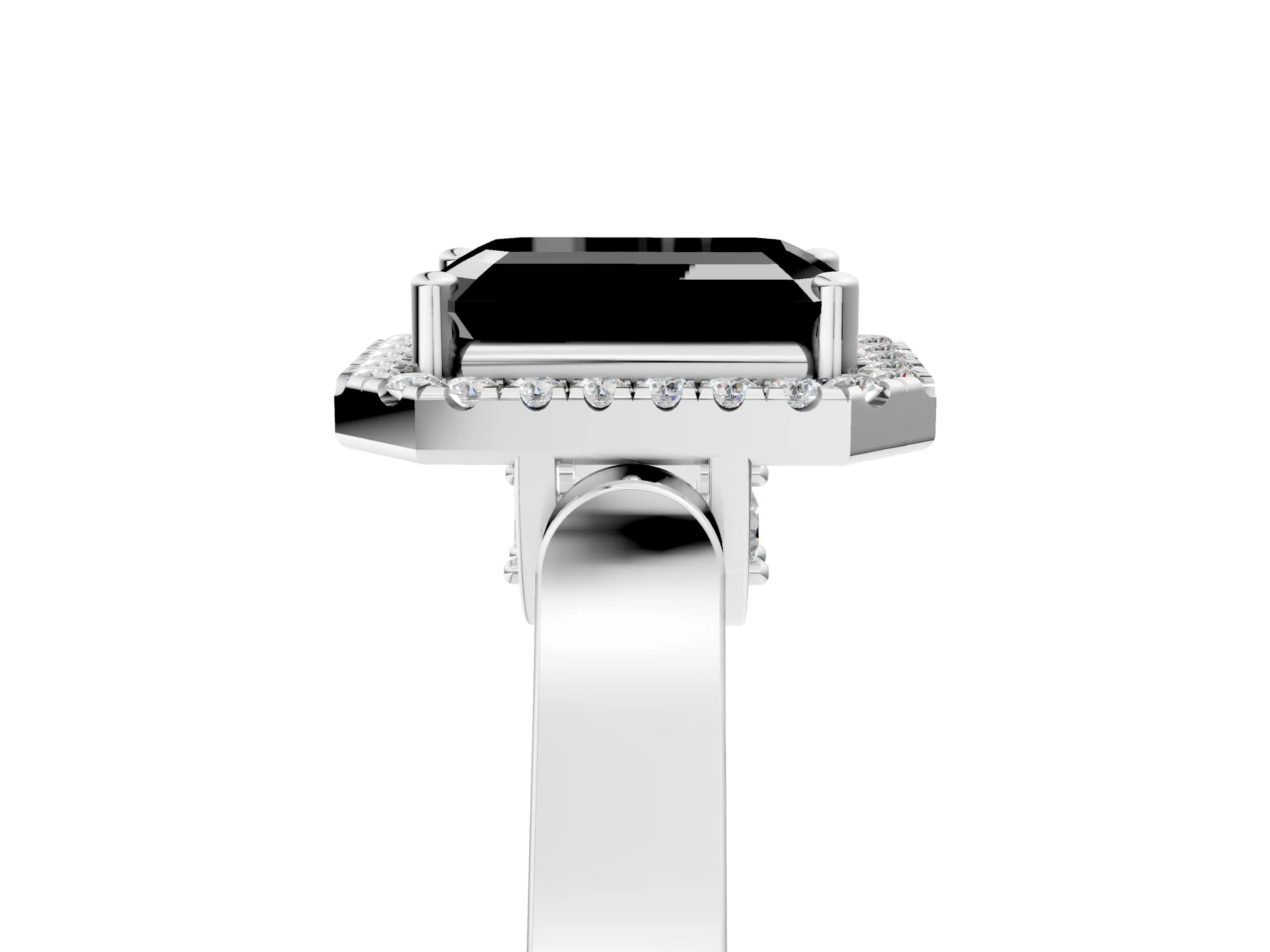 White gold Fancy Black Emerald Cut Halo Round Diamond Twist Band with Four-Prong Setting_5