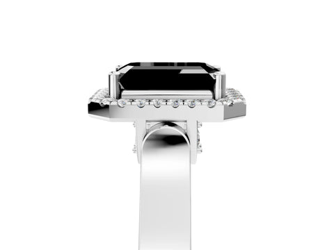 White gold Fancy Black Emerald Cut Halo Round Diamond Twist Band with Four-Prong Setting_5