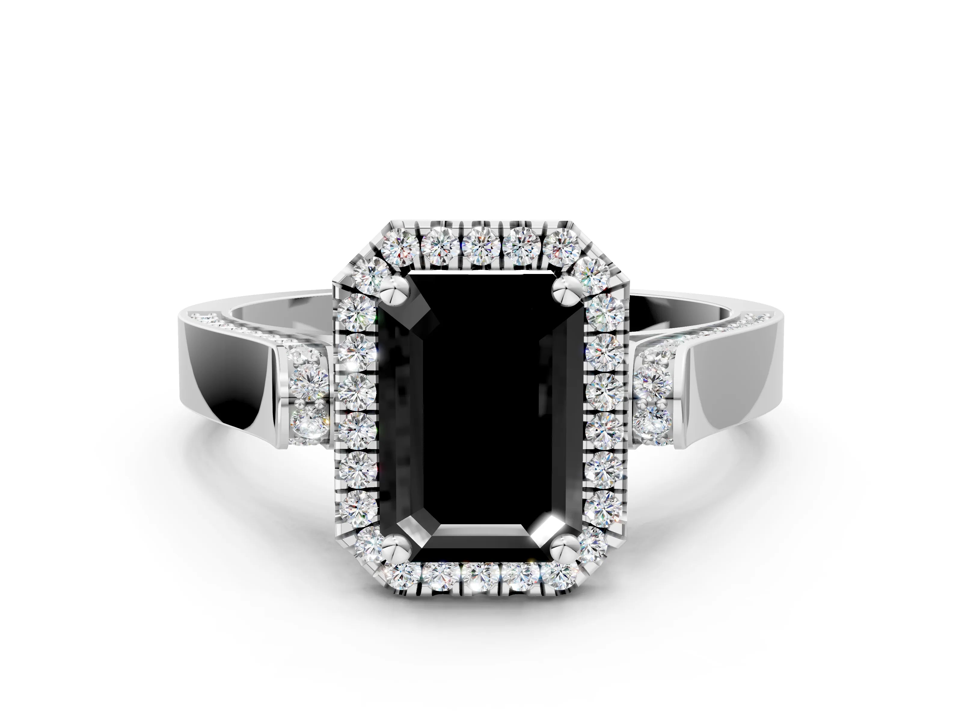 White gold Fancy Black Emerald Cut Halo Round Diamond Twist Band with Four-Prong Setting