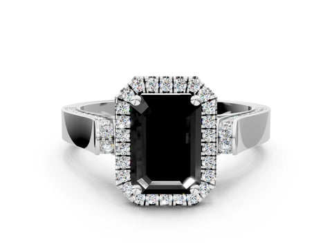 White gold Fancy Black Emerald Cut Halo Round Diamond Twist Band with Four-Prong Setting