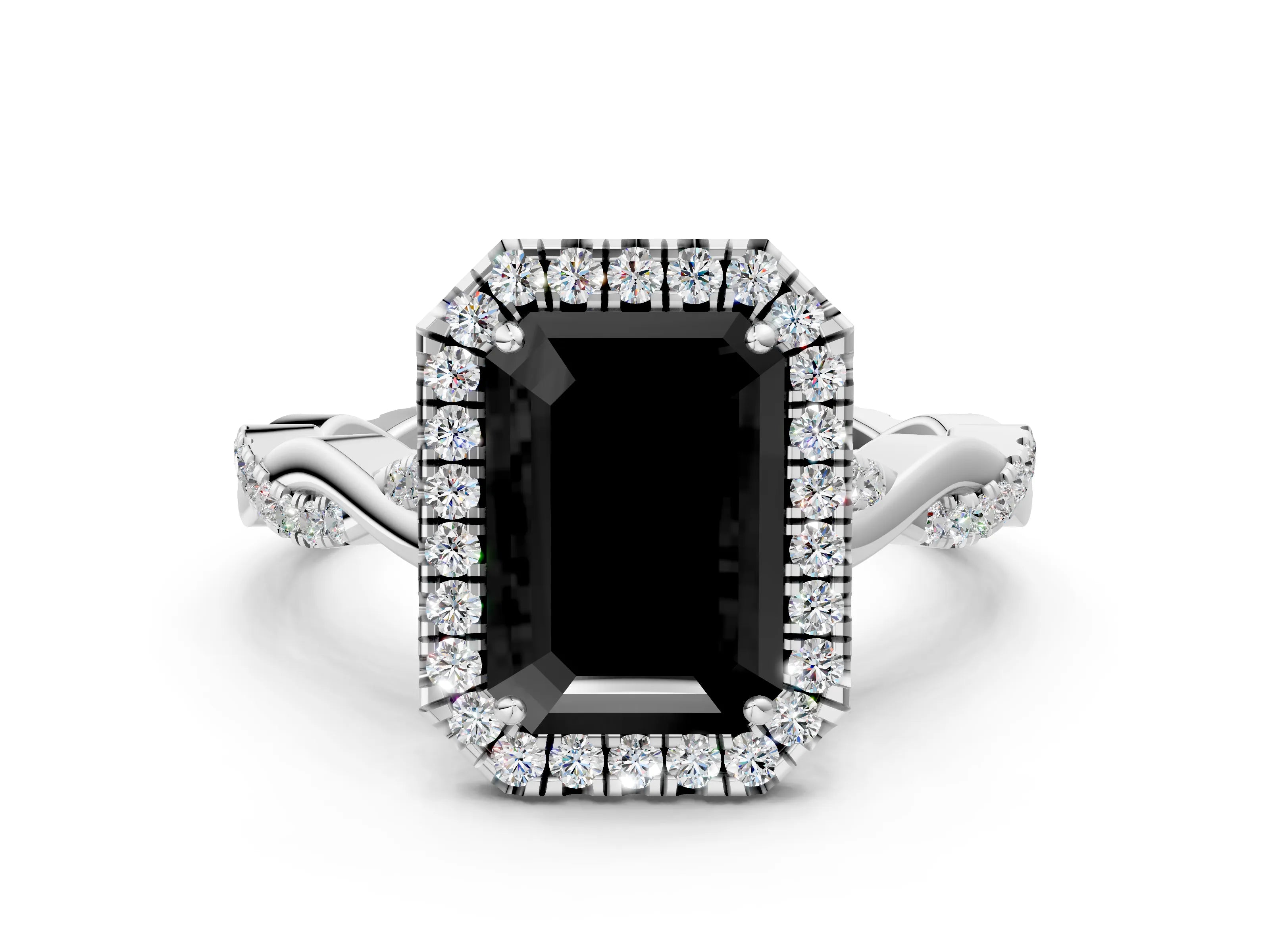 White gold Fancy Black Emerald Cut Halo Twist Band with Four-Prong Setting