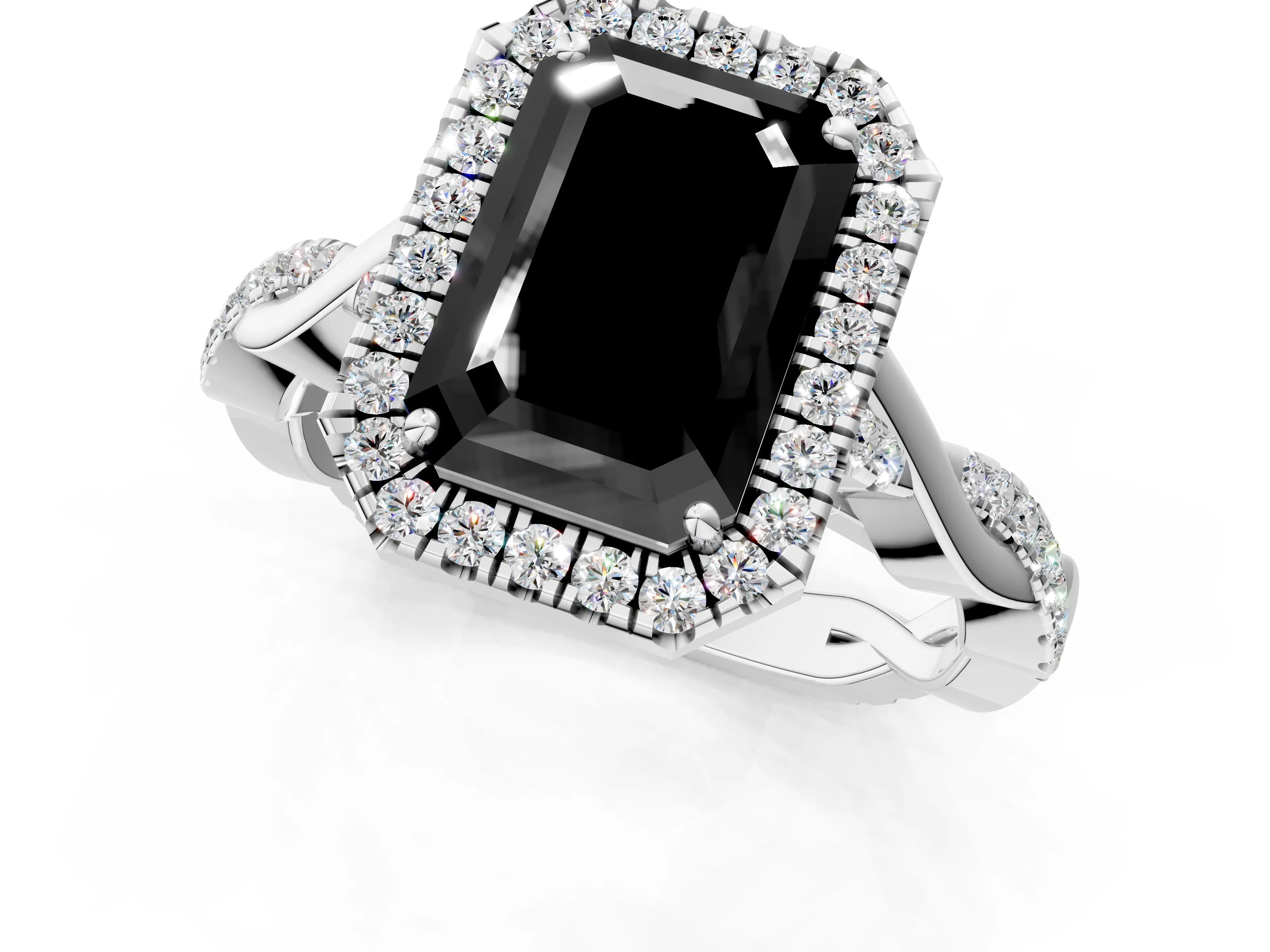 White gold Fancy Black Emerald Cut Halo Twist Band with Four-Prong Setting_1
