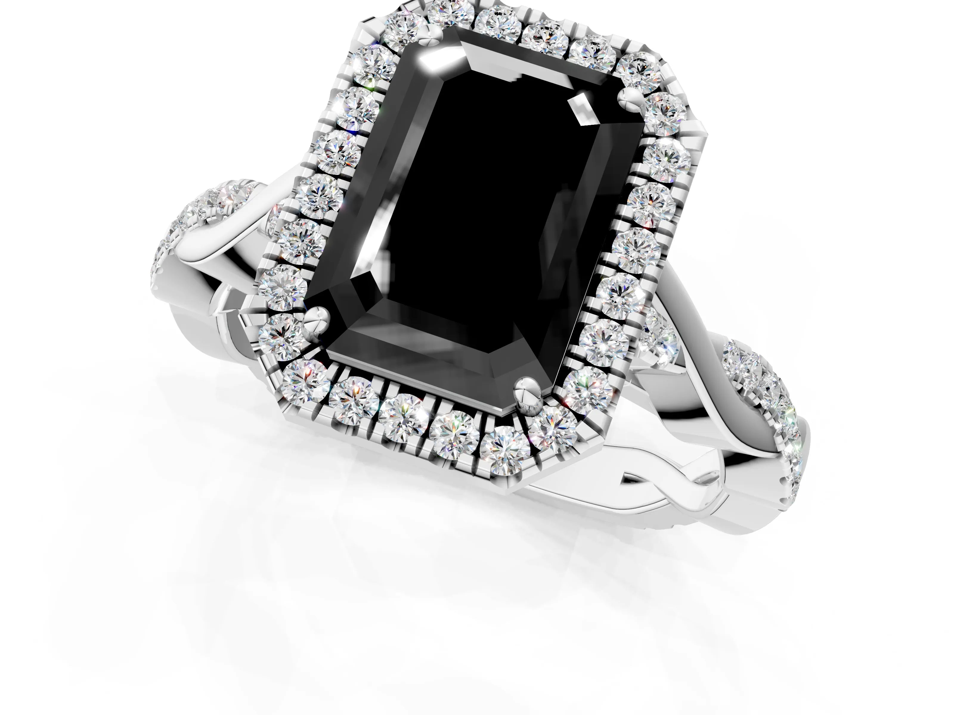 White gold Fancy Black Emerald Cut Halo Twist Band with Four-Prong Setting_13