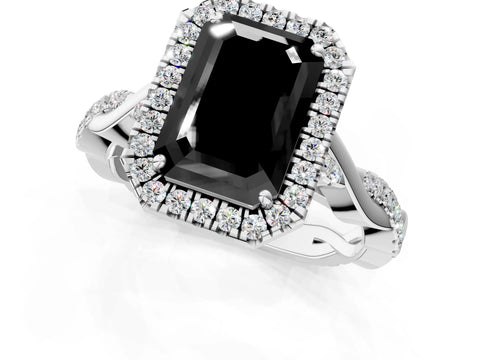 White gold Fancy Black Emerald Cut Halo Twist Band with Four-Prong Setting_13
