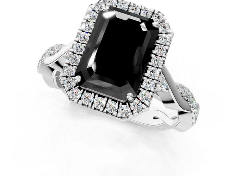 White gold Fancy Black Emerald Cut Halo Twist Band with Four-Prong Setting_1