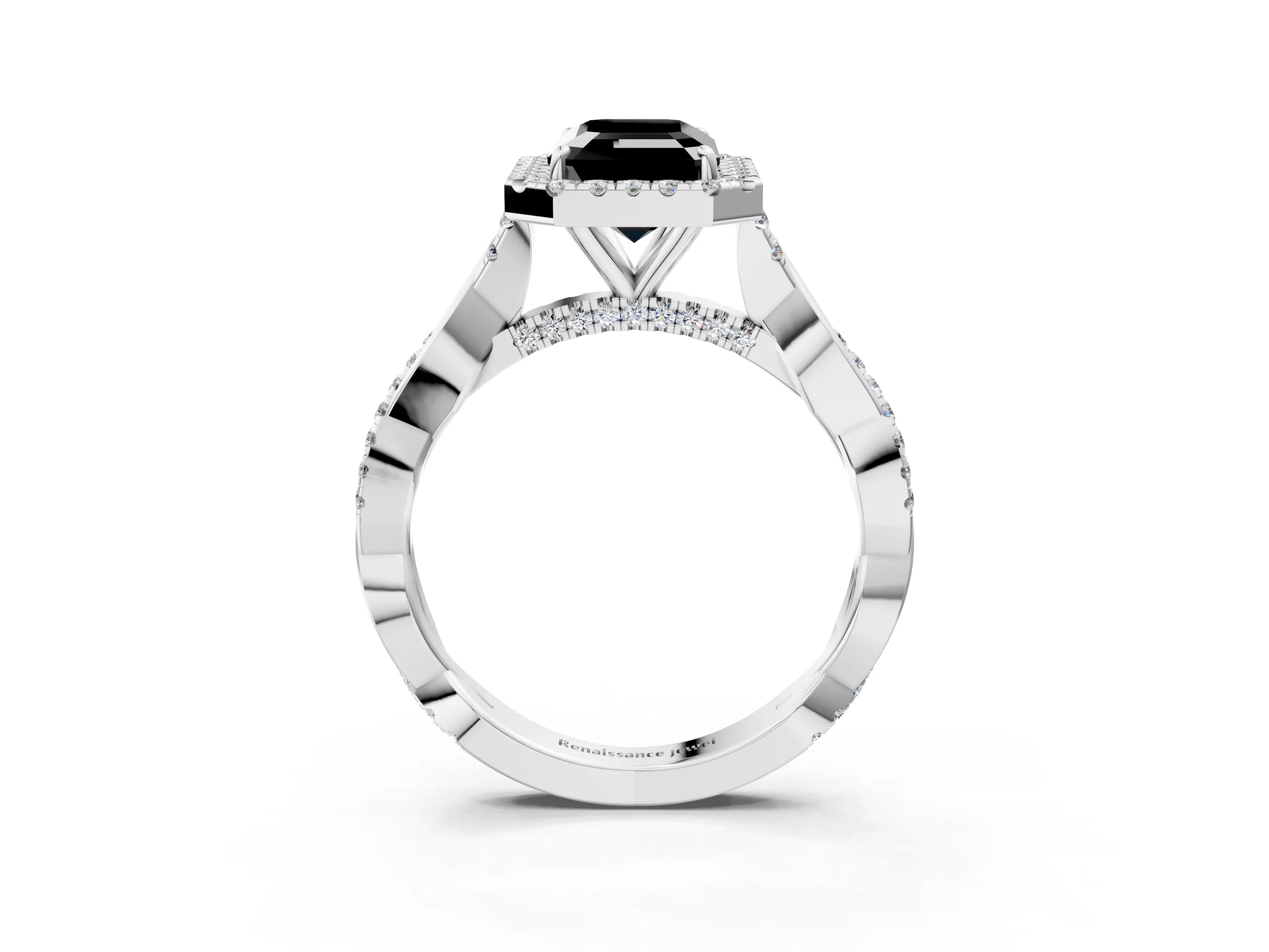 White gold Fancy Black Emerald Cut Halo Twist Band with Four-Prong Setting_3