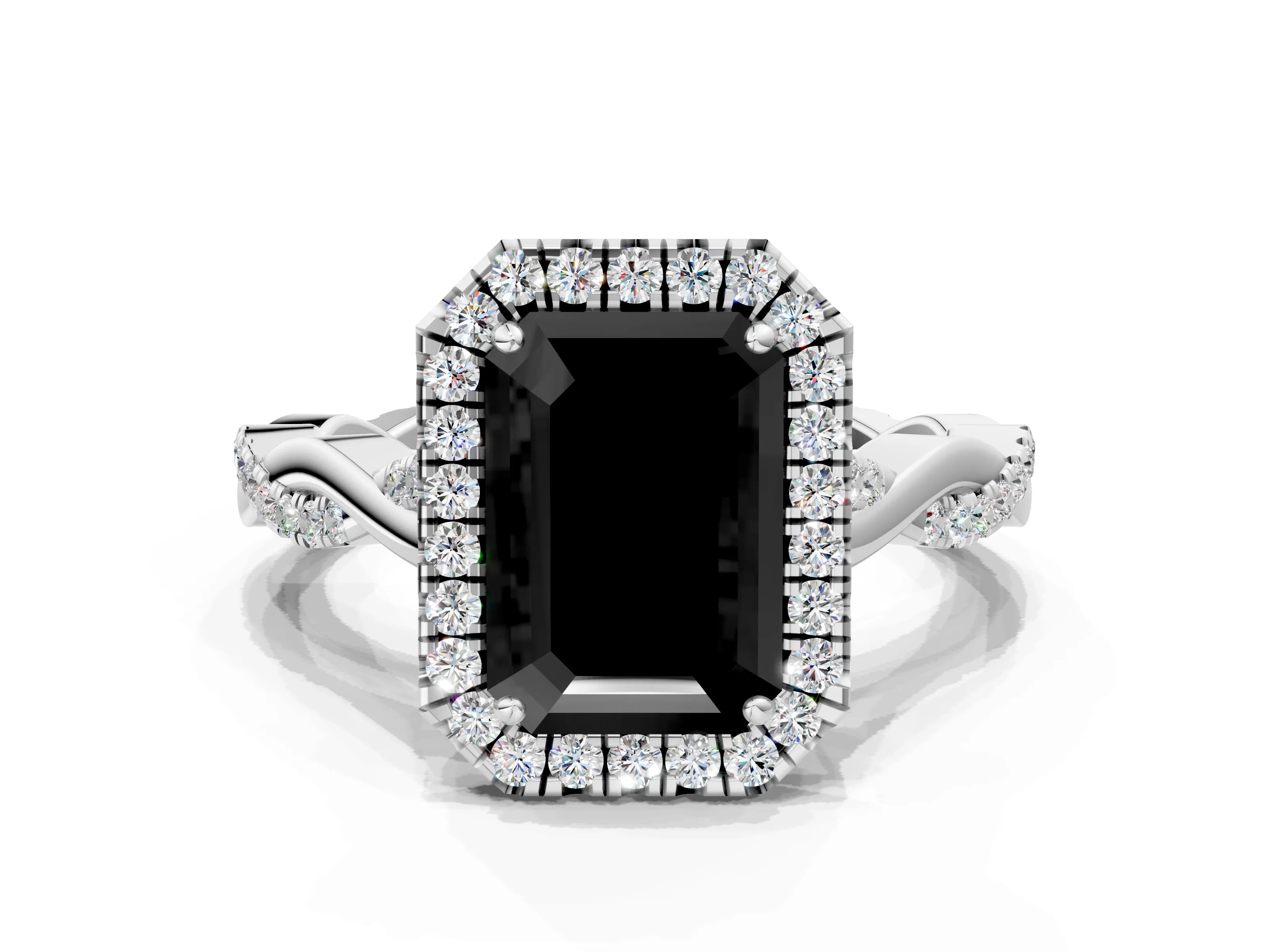 White gold Fancy Black Emerald Cut Halo Twist Band with Four-Prong Setting_72