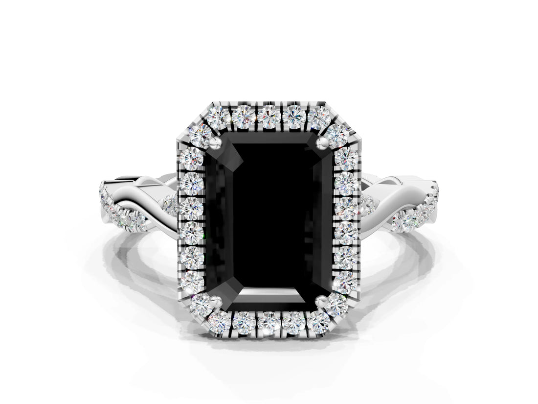 White gold Fancy Black Emerald Cut Halo Twist Band with Four-Prong Setting_72