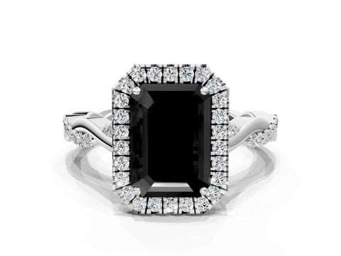 White gold Fancy Black Emerald Cut Halo Twist Band with Four-Prong Setting_72