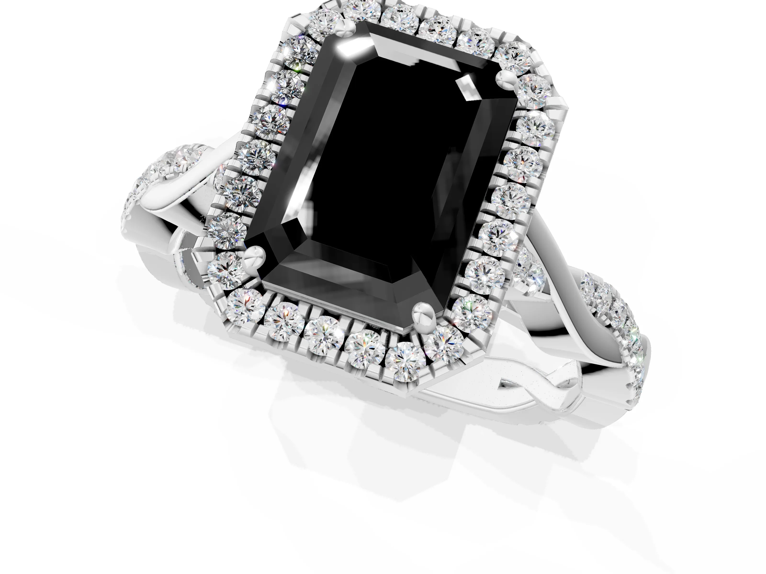 White gold Fancy Black Emerald Cut Halo Twist Band with Four-Prong Setting_73
