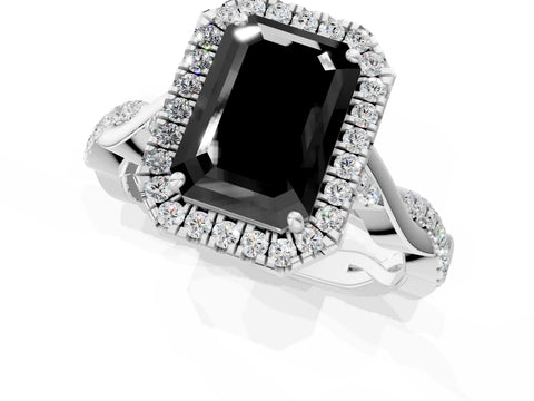 White gold Fancy Black Emerald Cut Halo Twist Band with Four-Prong Setting_73