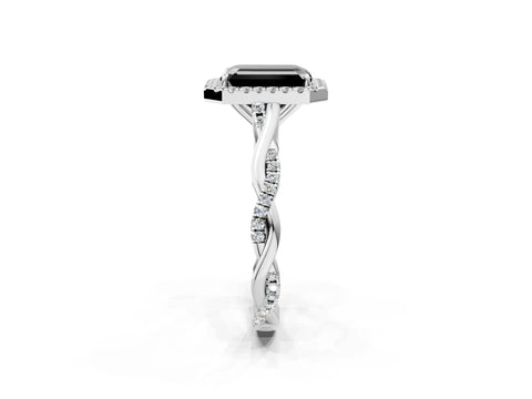 White gold Fancy Black Emerald Cut Halo Twist Band with Four-Prong Setting_74