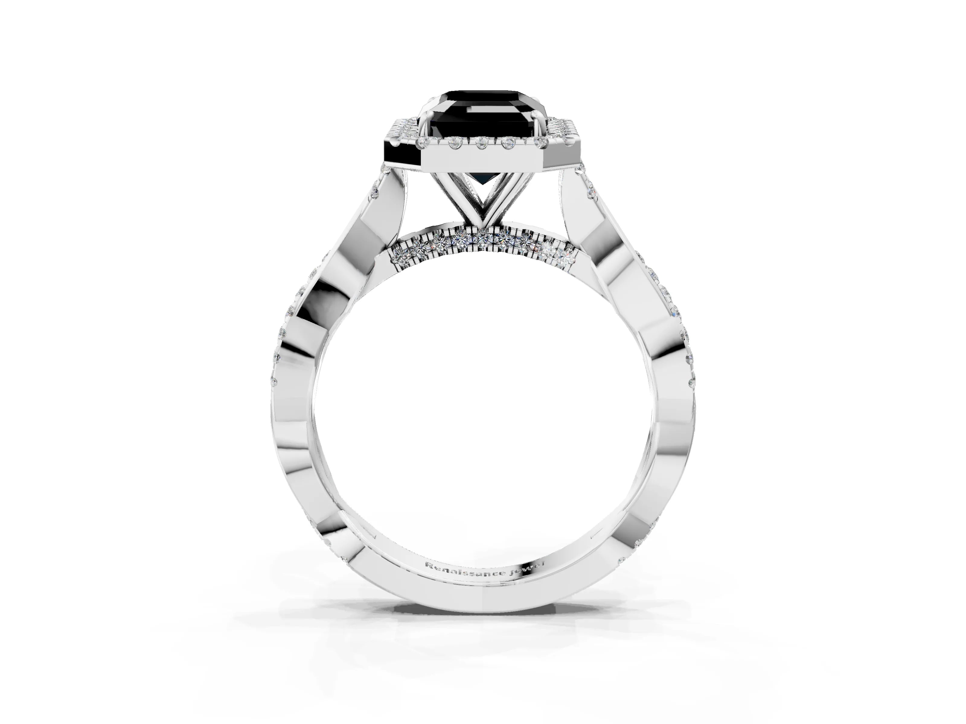 White gold Fancy Black Emerald Cut Halo Twist Band with Four-Prong Setting_75