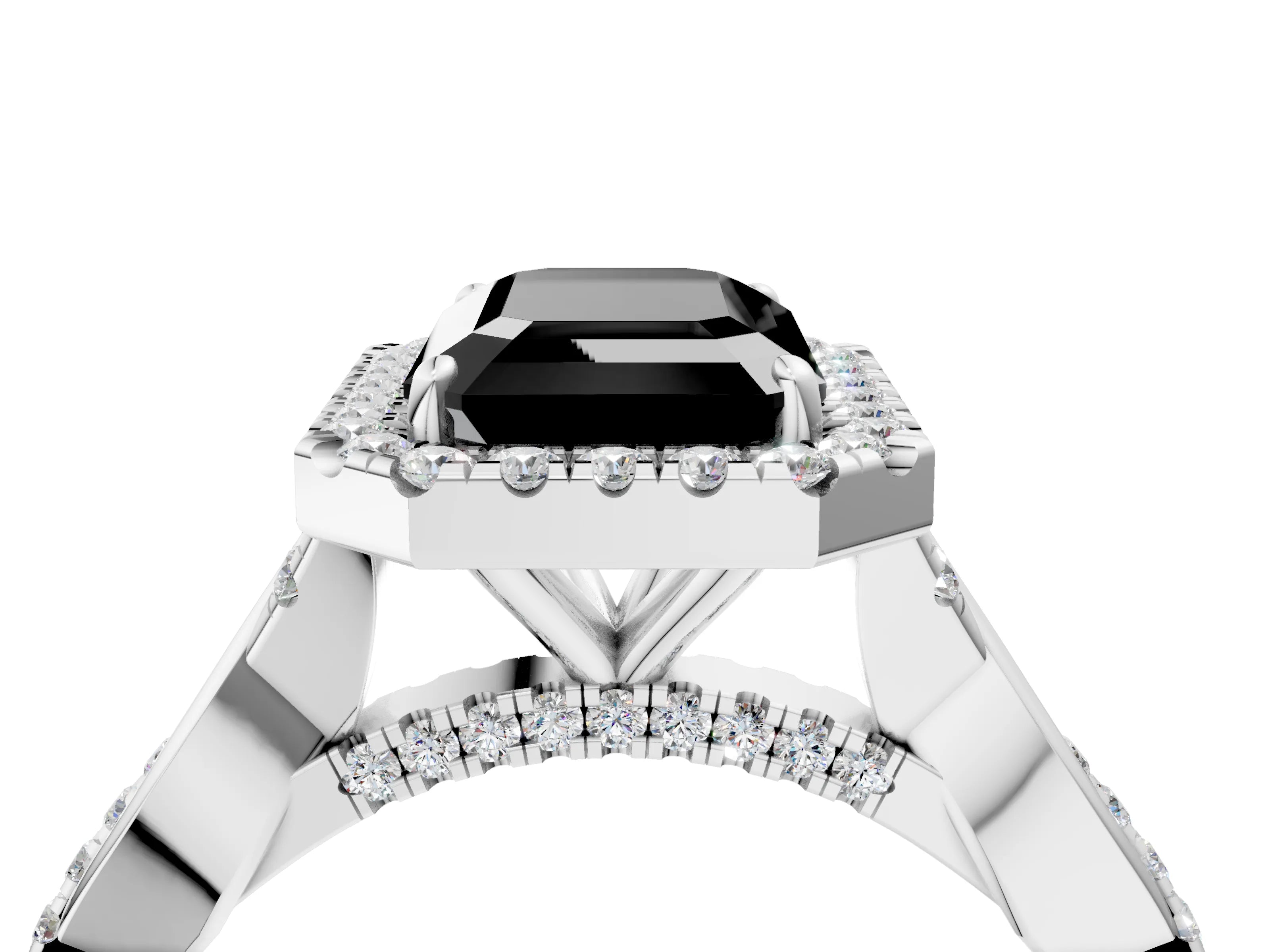 White gold Fancy Black Emerald Cut Halo Twist Band with Four-Prong Setting_76