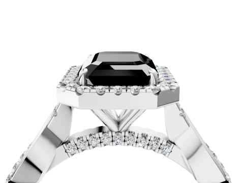 White gold Fancy Black Emerald Cut Halo Twist Band with Four-Prong Setting_76