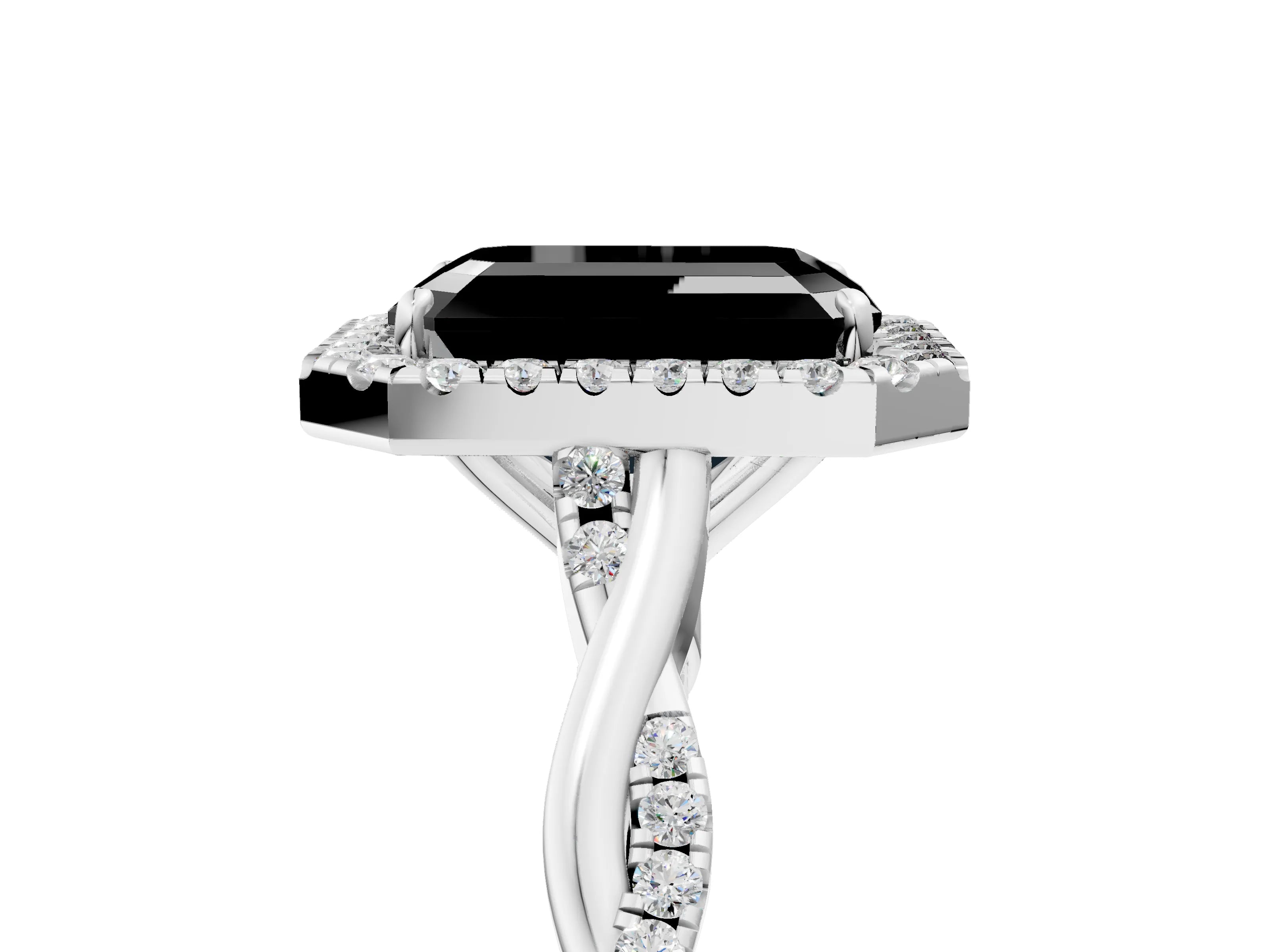 White gold Fancy Black Emerald Cut Halo Twist Band with Four-Prong Setting_77
