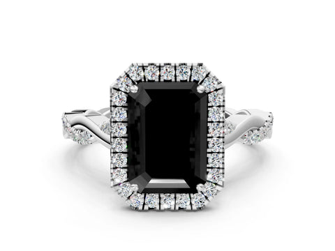 White gold Fancy Black Emerald Cut Halo Twist Band with Four-Prong Setting
