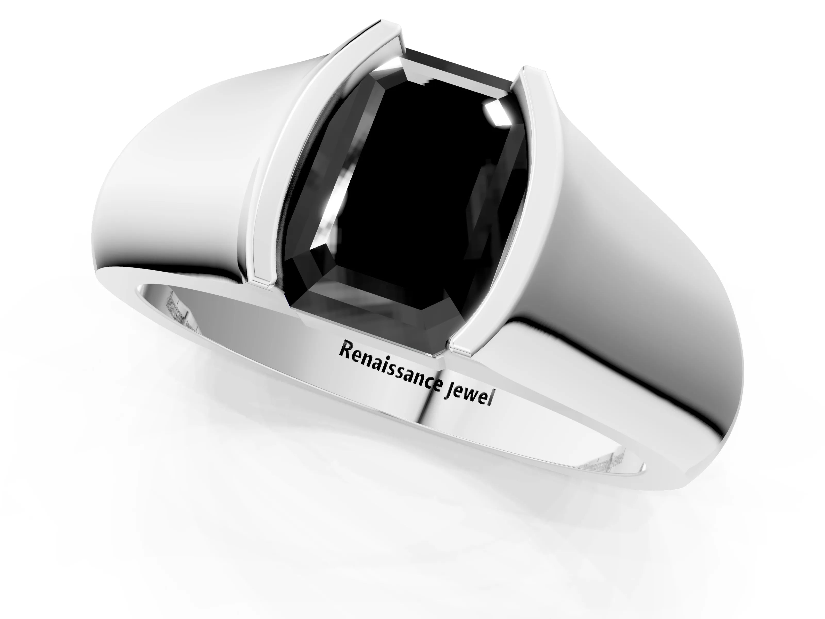 White gold Fancy Black Emerald Cut Solitaire Bezel Set Diamond Ring with Wide Band_1