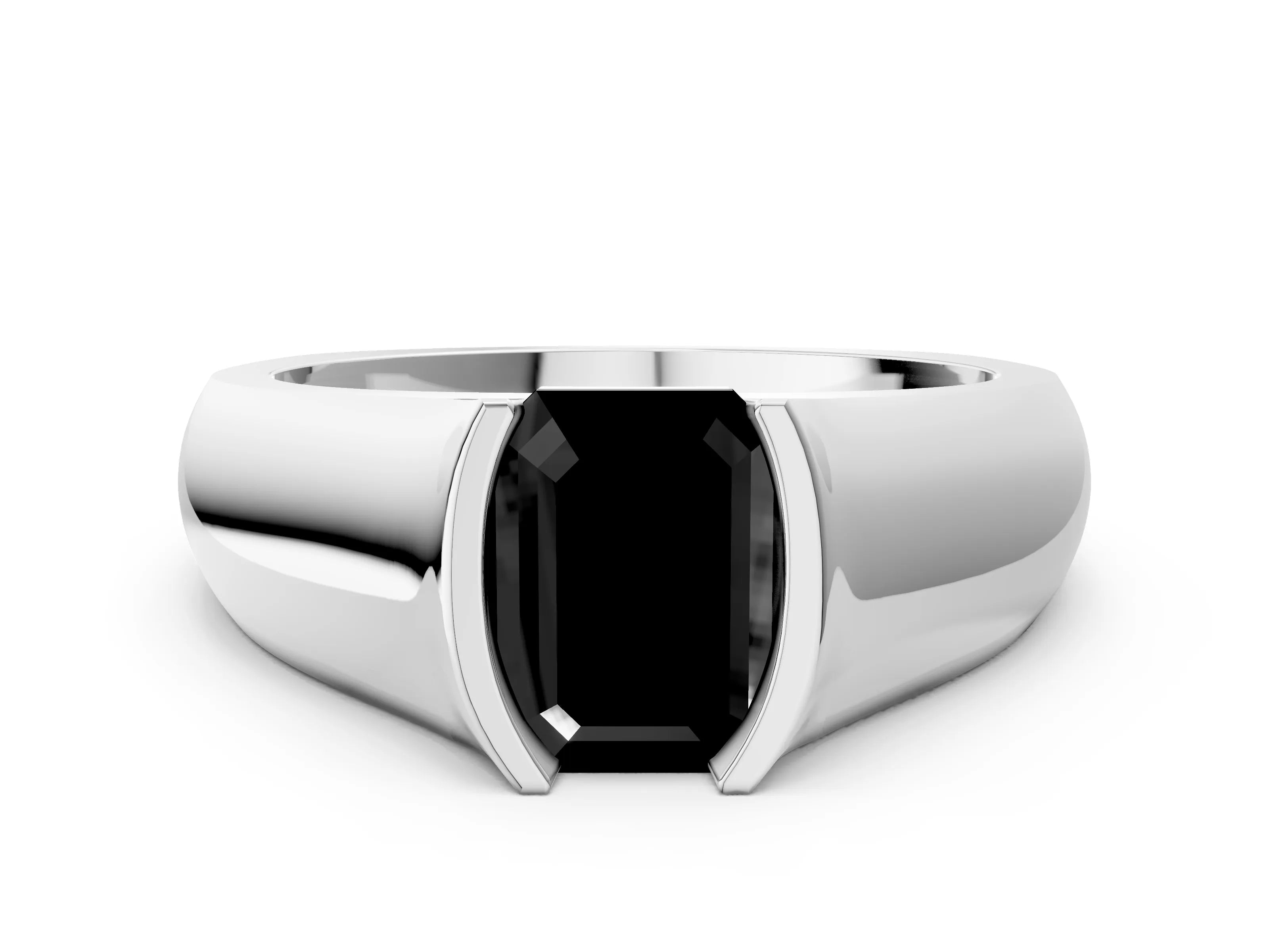 White gold Fancy Black Emerald Cut Solitaire Bezel Set Diamond Ring with Wide Band_12