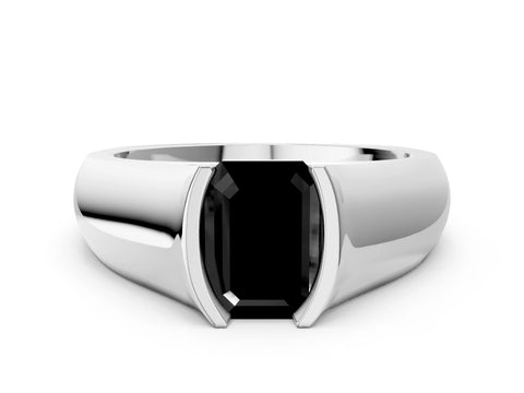 White gold Fancy Black Emerald Cut Solitaire Bezel Set Diamond Ring with Wide Band_12