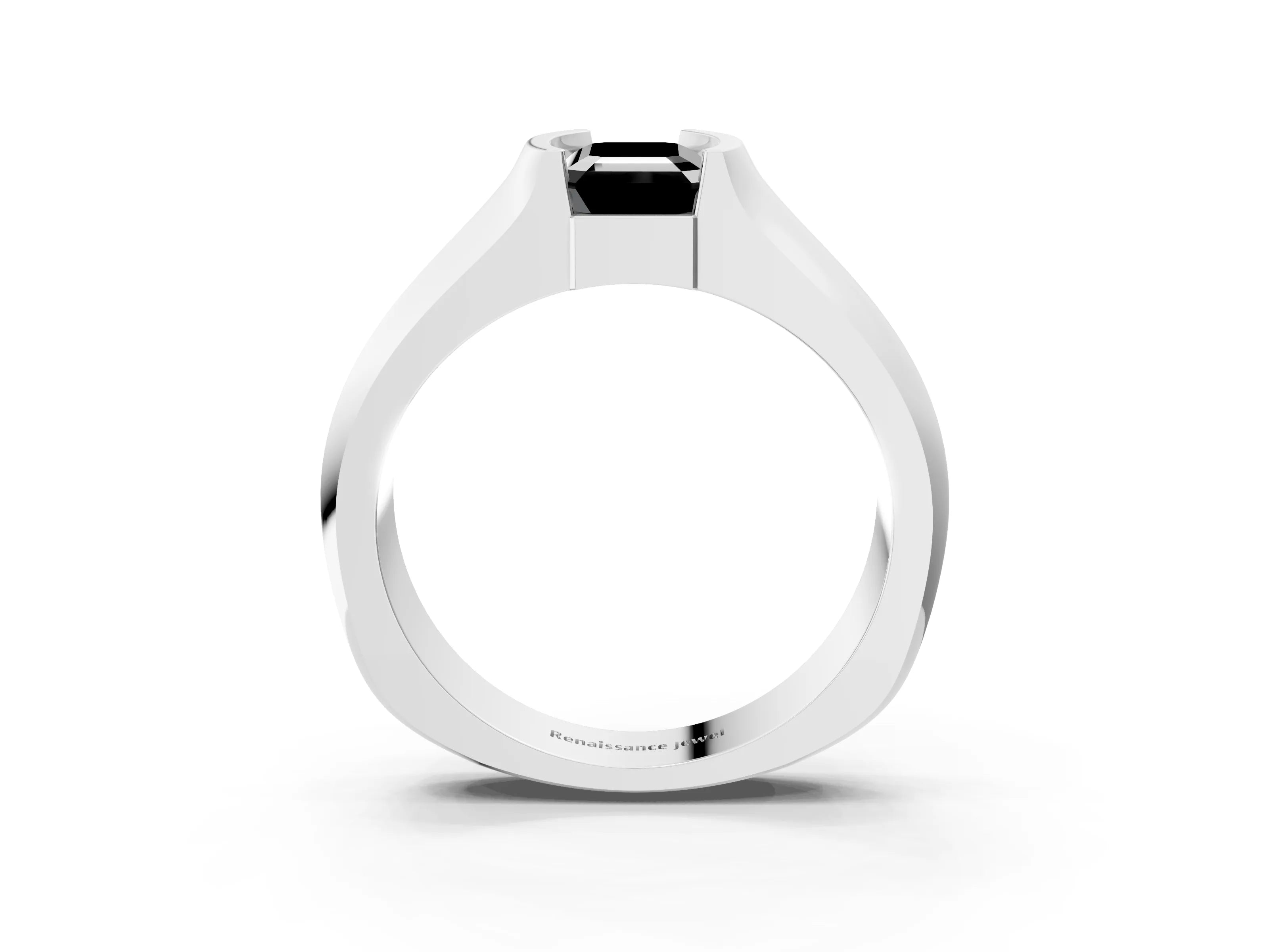 White gold Fancy Black Emerald Cut Solitaire Bezel Set Diamond Ring with Wide Band_15