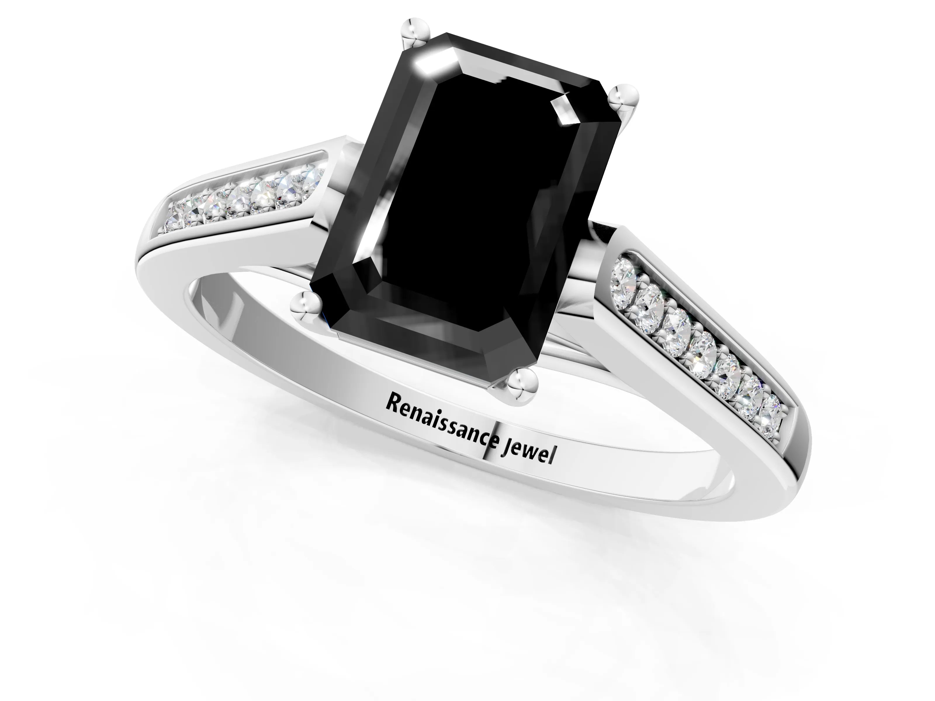 White gold Fancy Black Emerald Cut Solitaire Cathedral Diamond Engagement Ring with Channel-Set Band and Four-Prong Setting_16