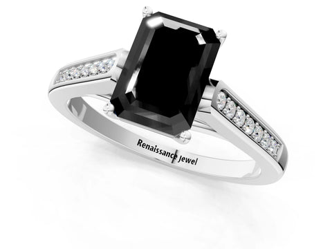 White gold Fancy Black Emerald Cut Solitaire Cathedral Diamond Engagement Ring with Channel-Set Band and Four-Prong Setting_16