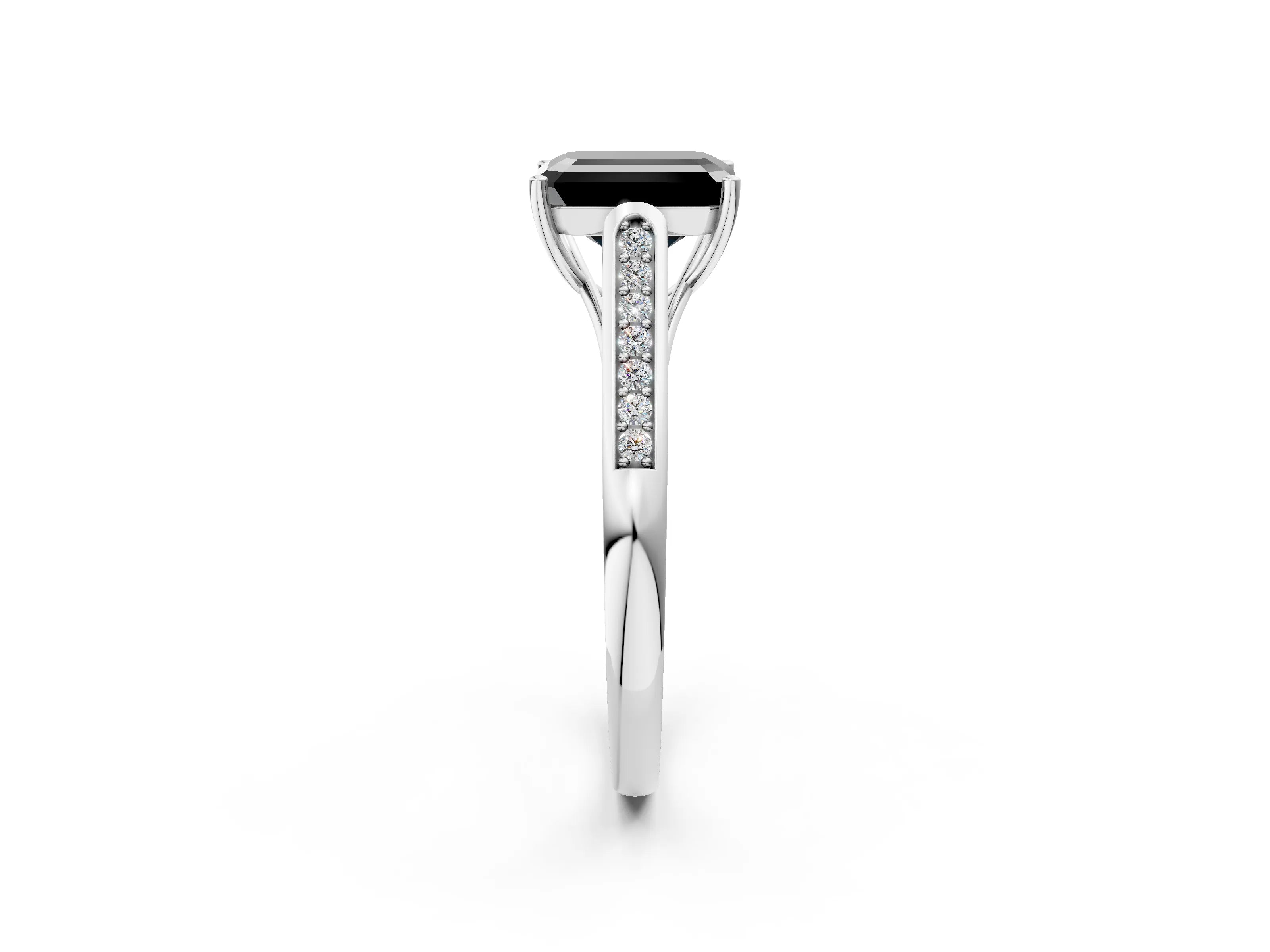 White gold Fancy Black Emerald Cut Solitaire Cathedral Diamond Engagement Ring with Channel-Set Band and Four-Prong Setting_17