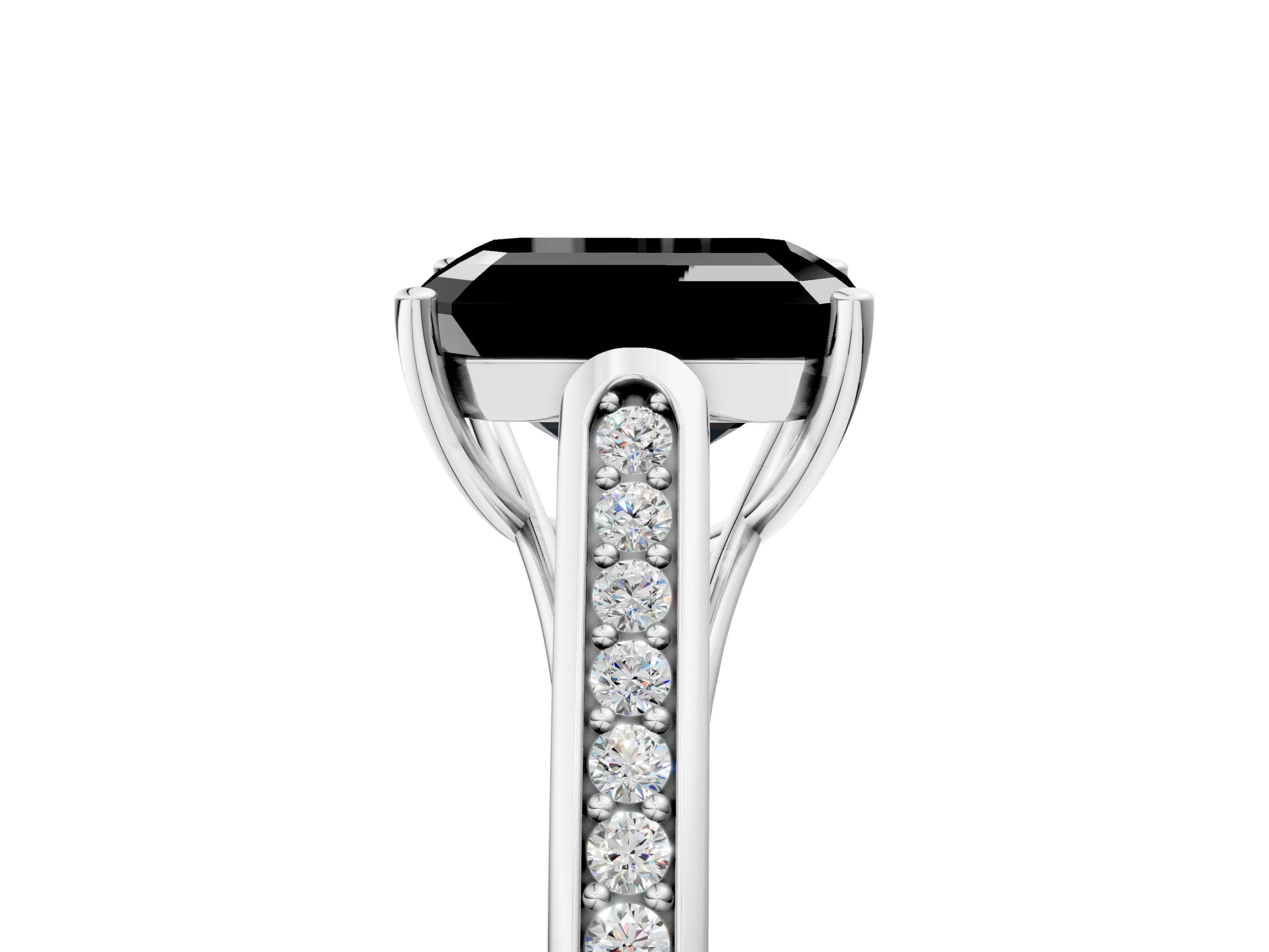White gold Fancy Black Emerald Cut Solitaire Cathedral Diamond Engagement Ring with Channel-Set Band and Four-Prong Setting_20
