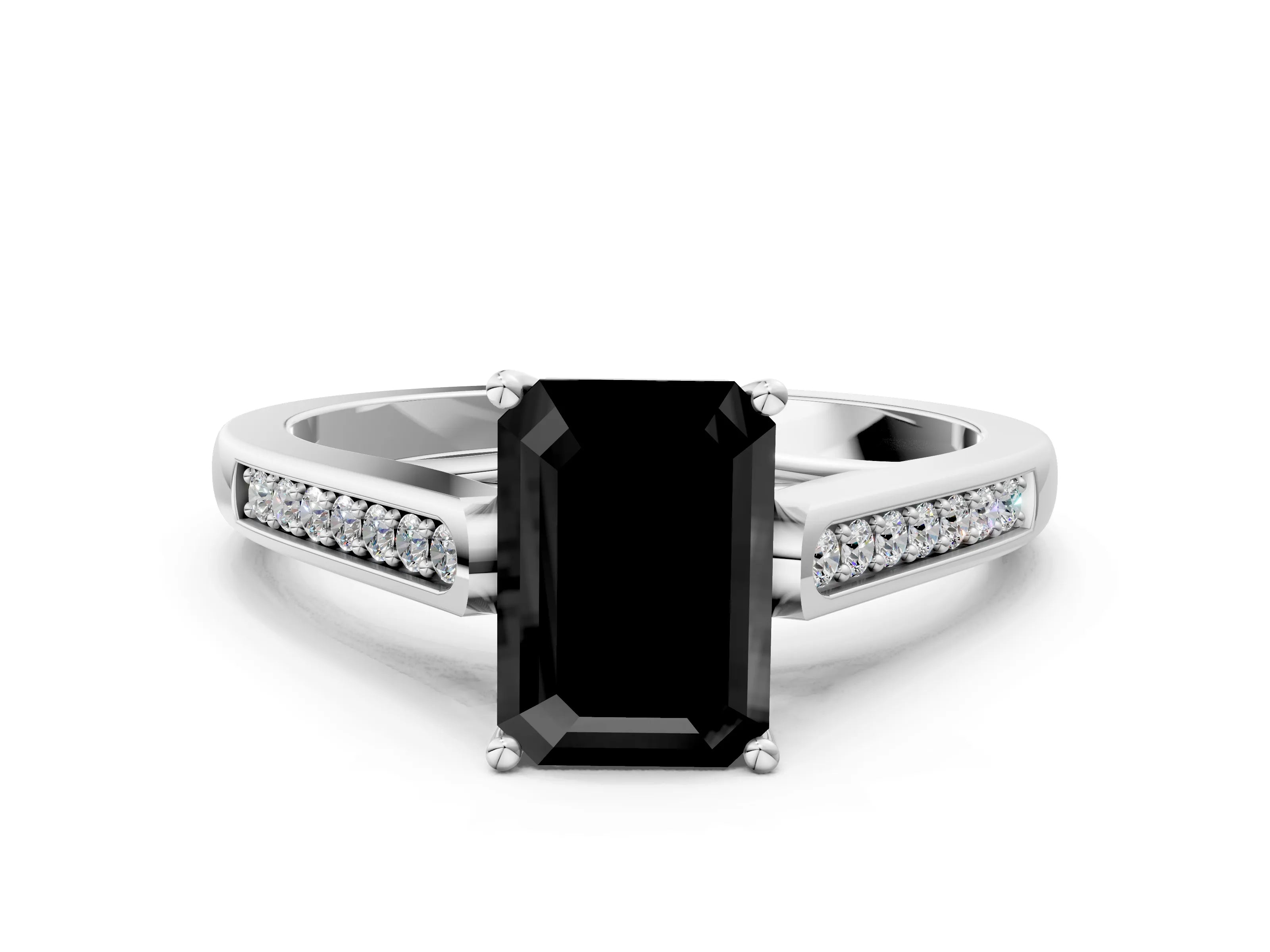 White gold Fancy Black Emerald Cut Solitaire Cathedral Diamond Engagement Ring with Channel-Set Band and Four-Prong Setting_3