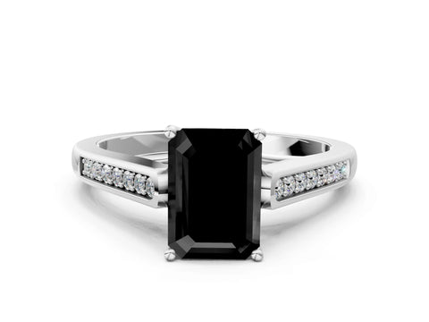 White gold Fancy Black Emerald Cut Solitaire Cathedral Diamond Engagement Ring with Channel-Set Band and Four-Prong Setting_3
