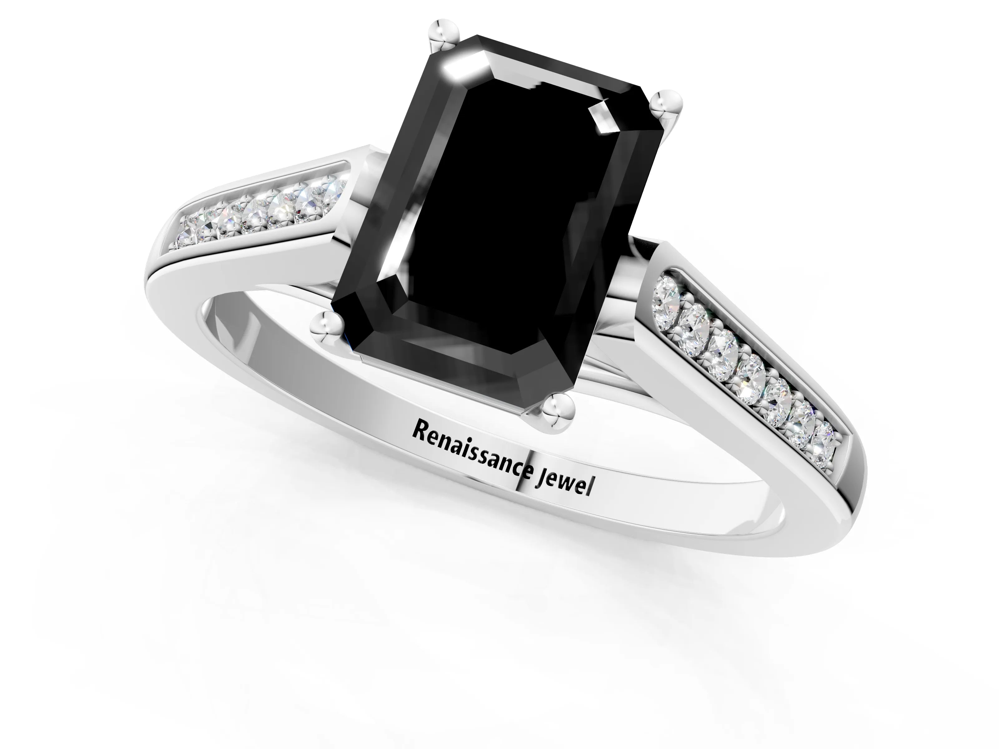 White gold Fancy Black Emerald Cut Solitaire Cathedral Diamond Engagement Ring with Channel-Set Band and Four-Prong Setting_4