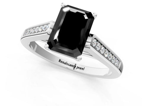 White gold Fancy Black Emerald Cut Solitaire Cathedral Diamond Engagement Ring with Channel-Set Band and Four-Prong Setting_4