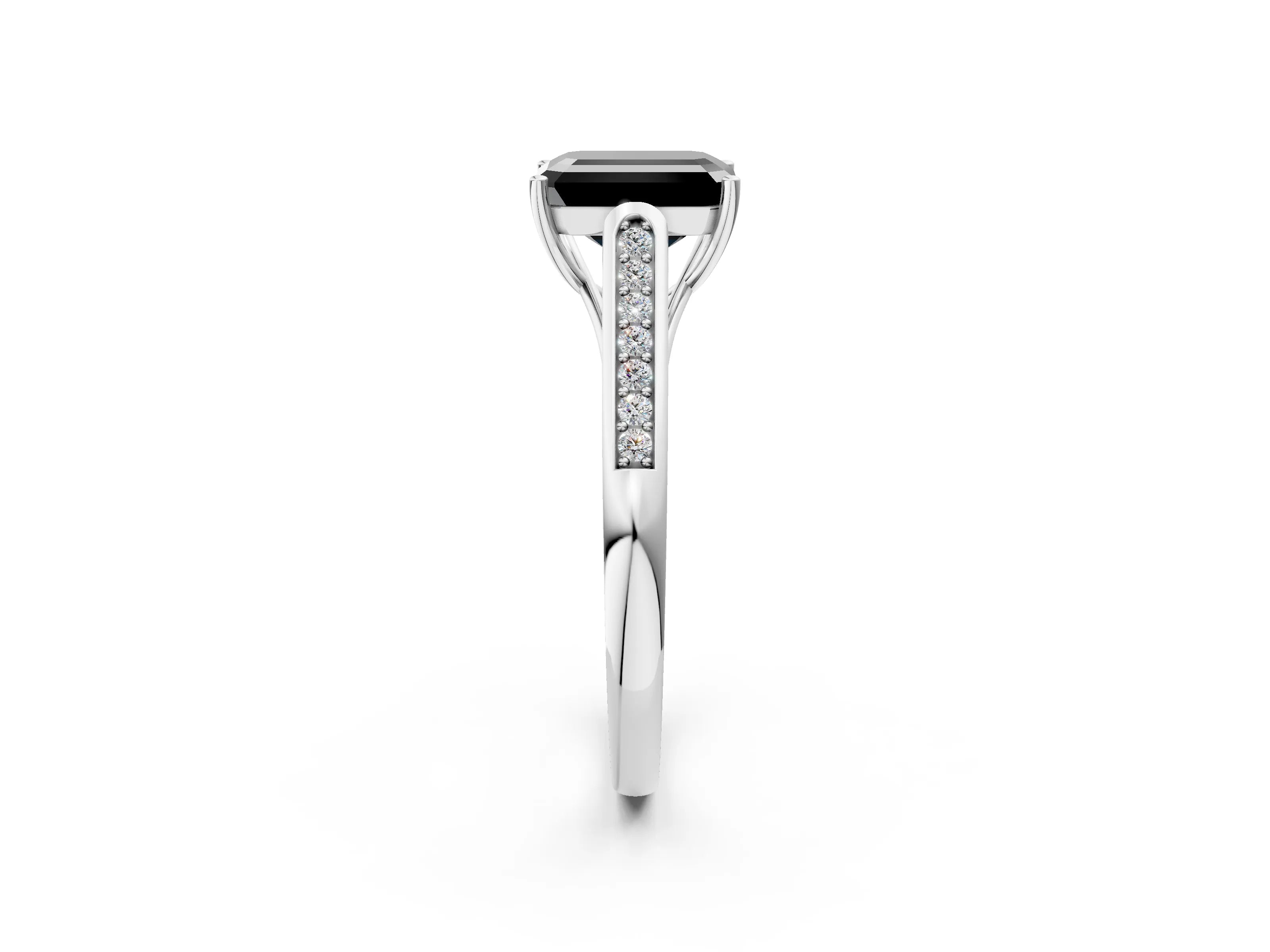 White gold Fancy Black Emerald Cut Solitaire Cathedral Diamond Engagement Ring with Channel-Set Band and Four-Prong Setting_5