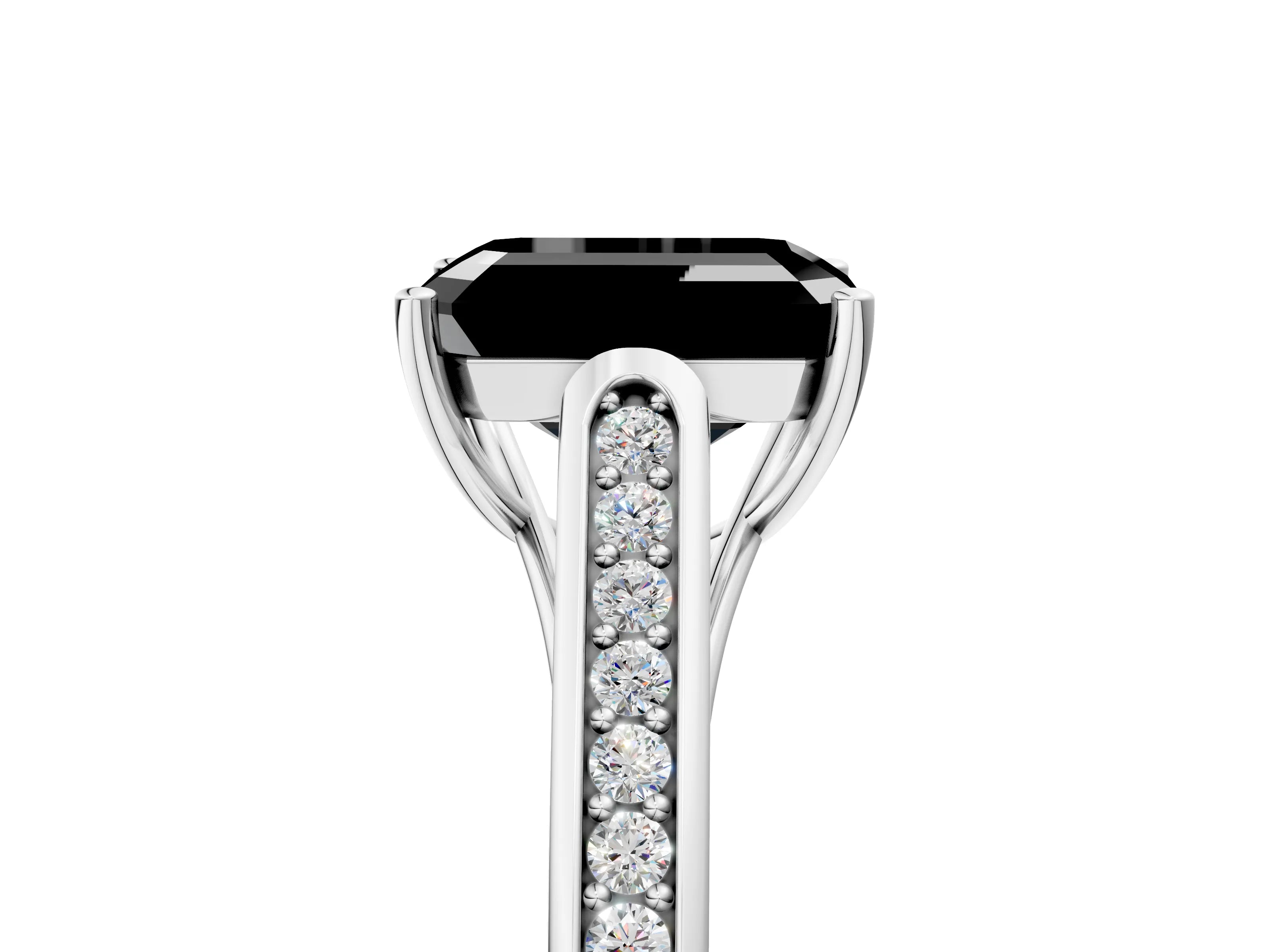 White gold Fancy Black Emerald Cut Solitaire Cathedral Diamond Engagement Ring with Channel-Set Band and Four-Prong Setting_8