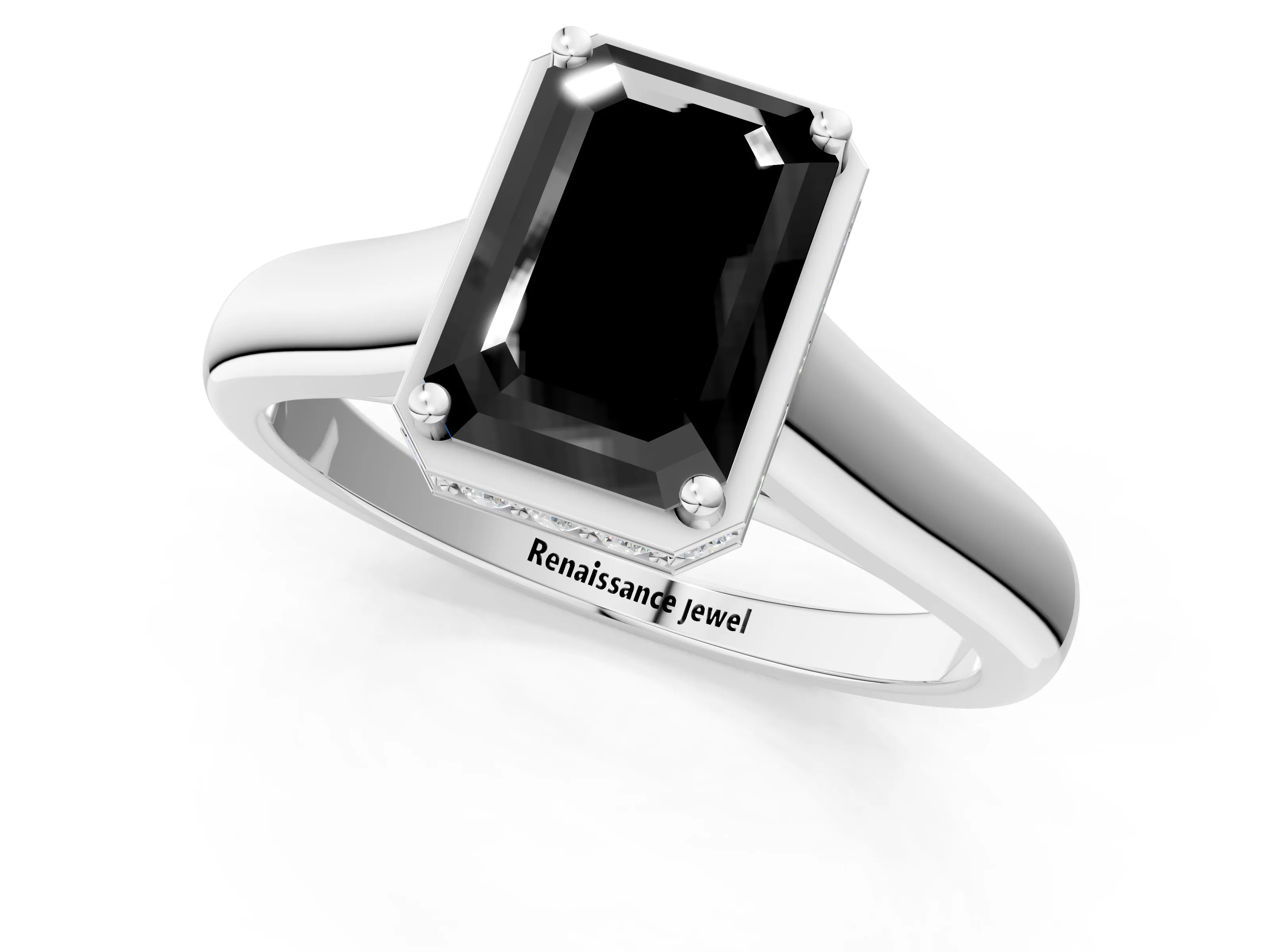White gold Fancy Black Emerald Cut Solitaire Diamond Engagement Ring with Four-Prong Setting and Tapered Band_13