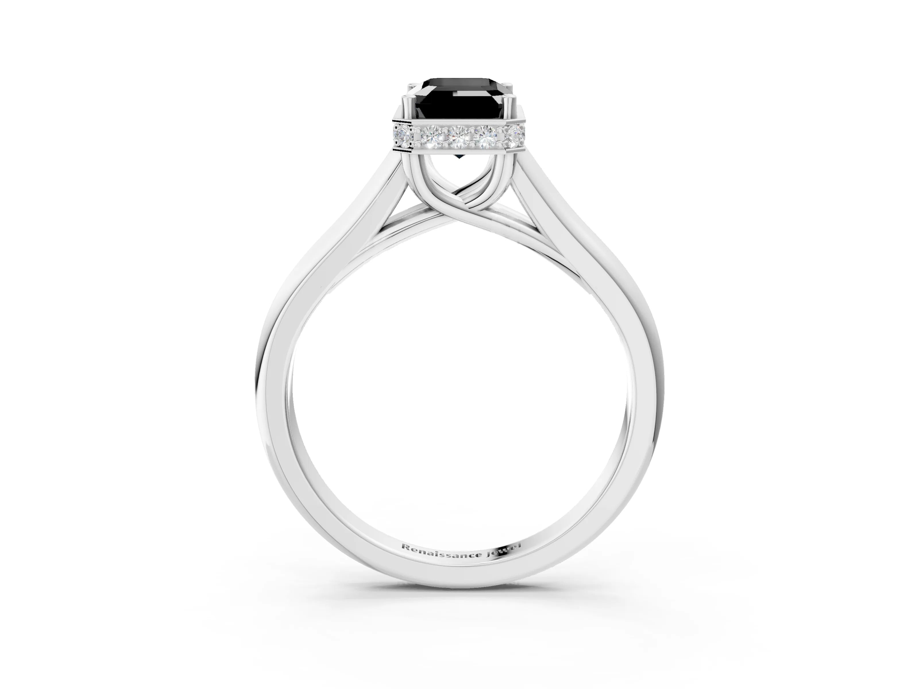 White gold Fancy Black Emerald Cut Solitaire Diamond Engagement Ring with Four-Prong Setting and Tapered Band_15