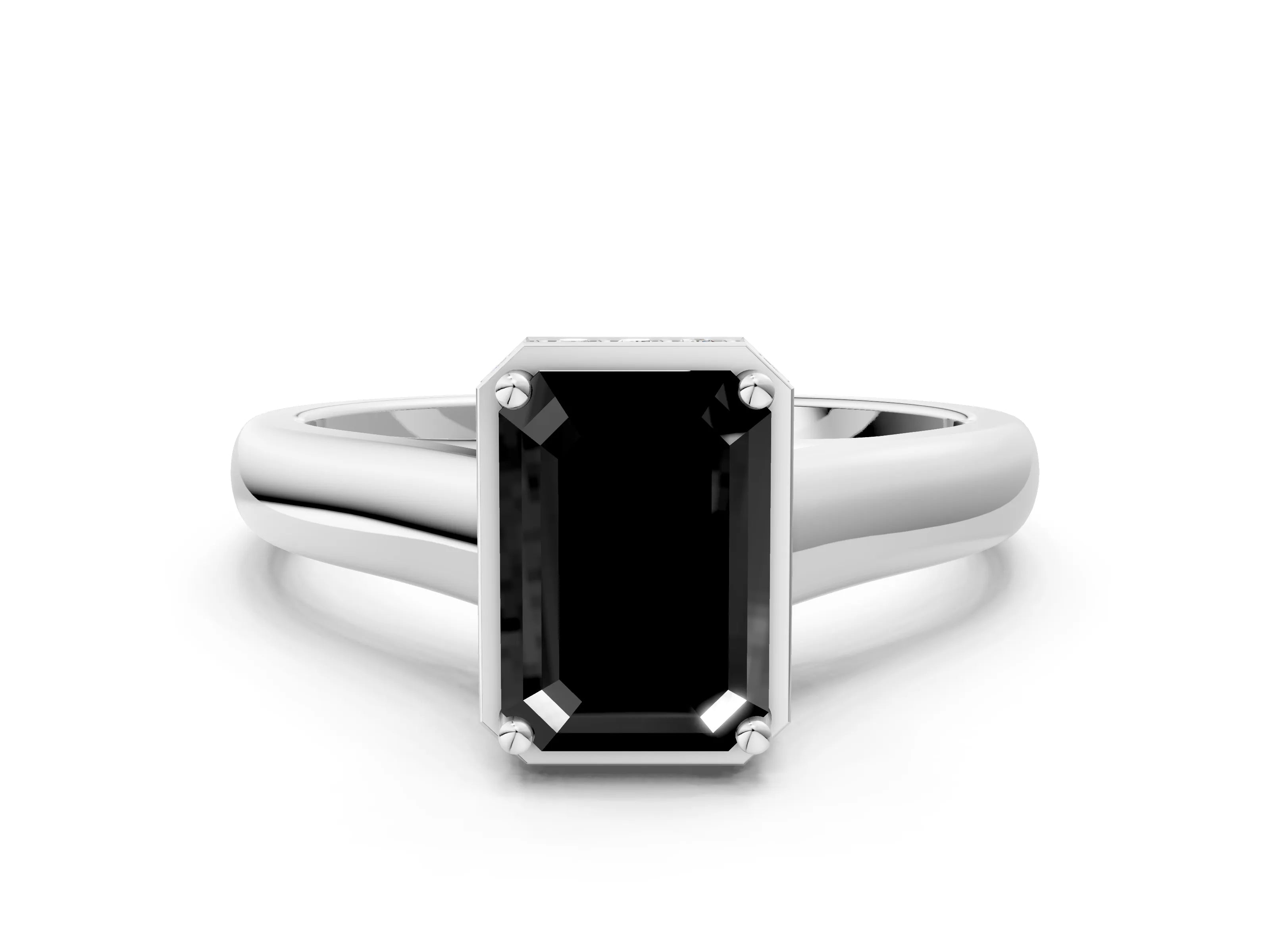 White gold Fancy Black Emerald Cut Solitaire Diamond Engagement Ring with Four-Prong Setting and Tapered Band